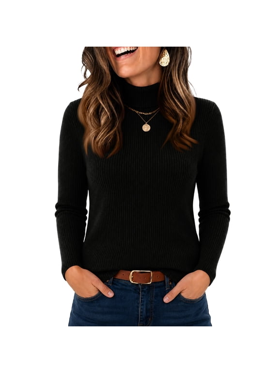 Womens Sweaters Long Sleeve Slim Fit Business Pullover Turtleneck Stretch Lightweight Soft Shirt Fall Winter Trendy Ribbed Knit Tops Black M