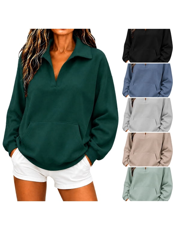 Womens Sweatshirt V Neck Long Sleeve Loose Fit Tops Solid Color Travel Sweatshirt Fall Winter Lightweight Trendy Shirt Dark Green S