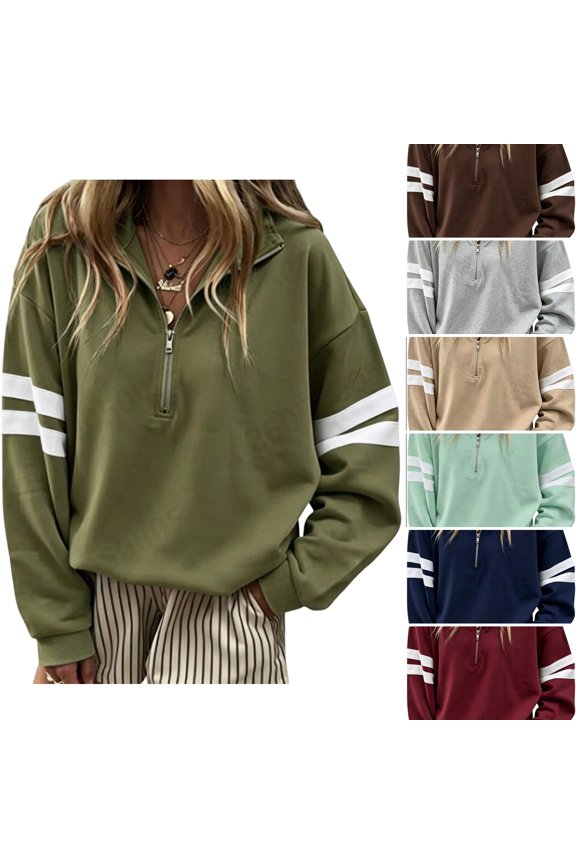 Womens Varsity Striped Sweatshirt Oversized Drop Shoulder pullover Crew Neck Long Sleeve Lightweight Tops Army Green S