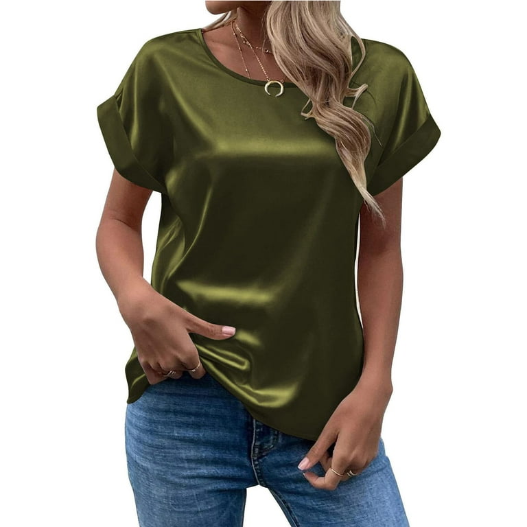 DORKASM Work Blouses for Women Plus Size Short Sleeve Satin Silk Western T  Shirts Plus Size Cute U Neck Gothic Clothes Loose Square Neck Tops Army
