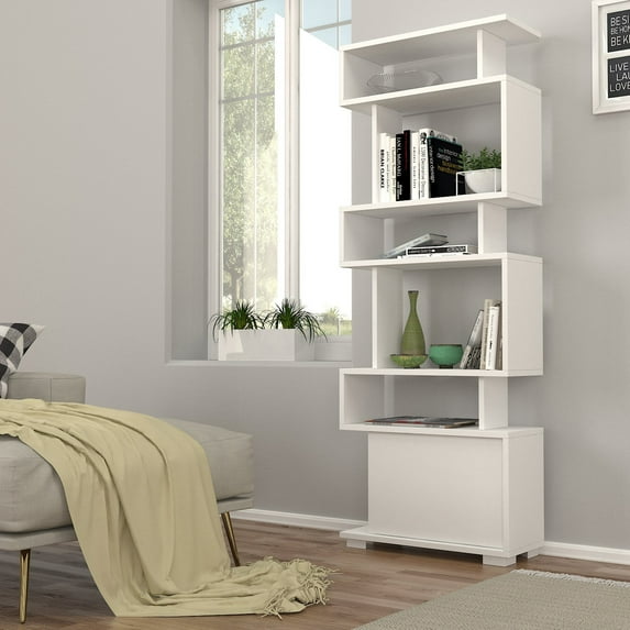DORPEK, 6-Tier S-Shaped Bookshelf, 64" Storage Display Unit, Free Standing Open Shelf Bookcase, Balance Bookcase White, Modern Shelving Unit, 1 Package