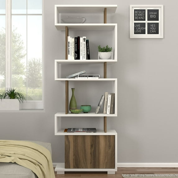 DORPEK, 6-Tier S-Shaped Bookshelf, 64" Storage Display Unit, Free Standing Open Shelf Bookcase, Balance Bookcase White - Walnut, Modern Shelving Unit, 1 Package