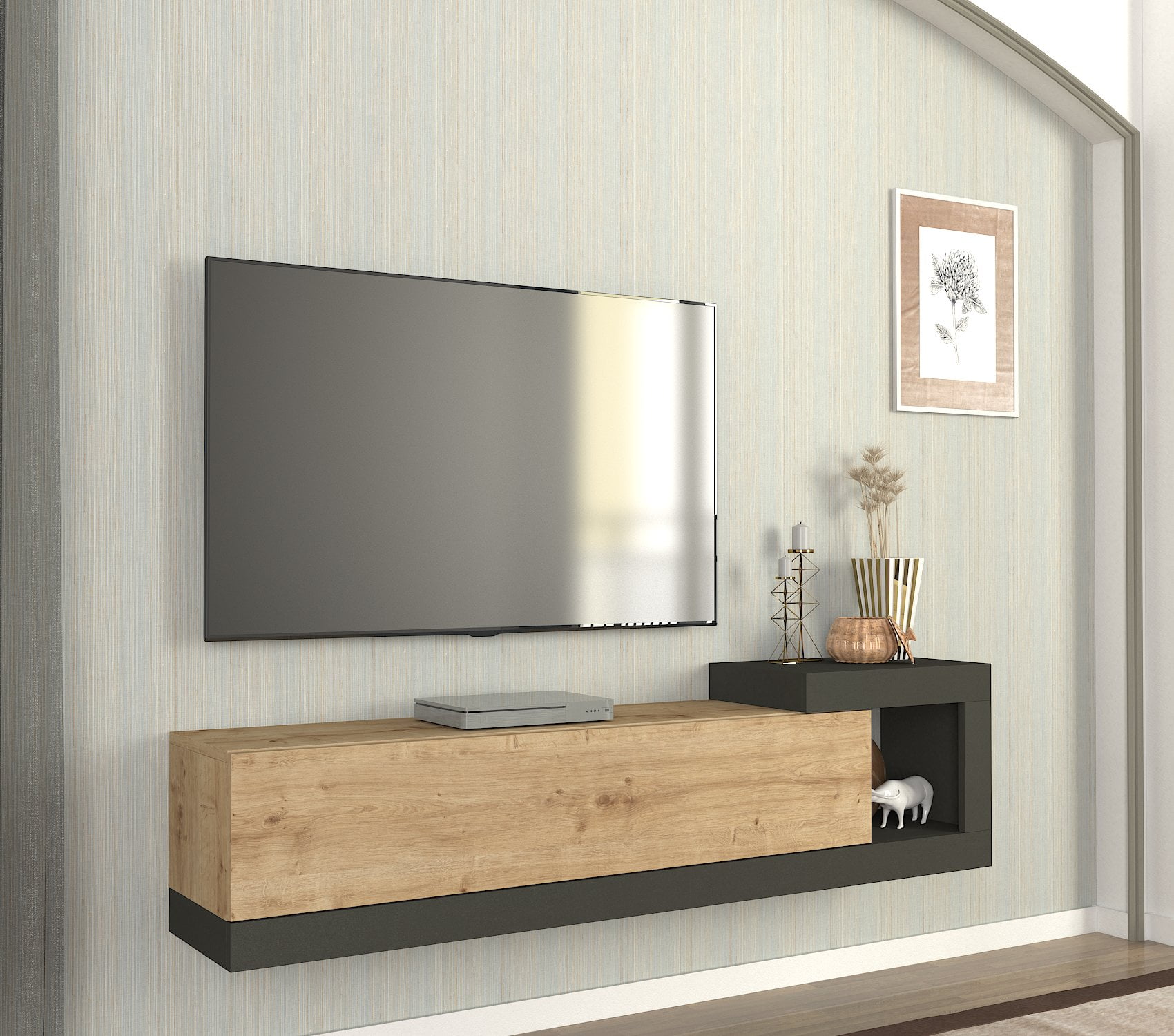 DORPEK, Floating Tv Stand for TVs up to 65", Entertainment Center with Storage Cabinet, Tv Unit with Open Compartmet, Bristol Tv Stand Saphire  - Anthracite, Modern Wall Mounted Tv Unit, 1 Package