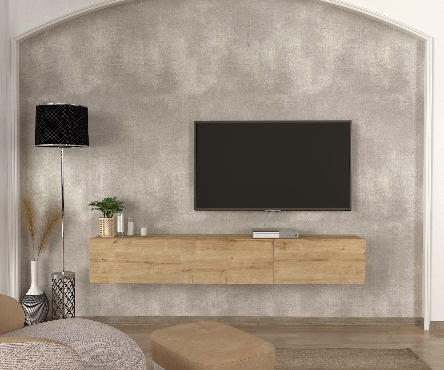 DORPEK, Floating Tv Stand for TVs up to 78", Entertainment Center with 3 Storage Cabinets, Picasso Tv Stand Sapphire, Modern Wall Mounted Tv Unit, 1 Package