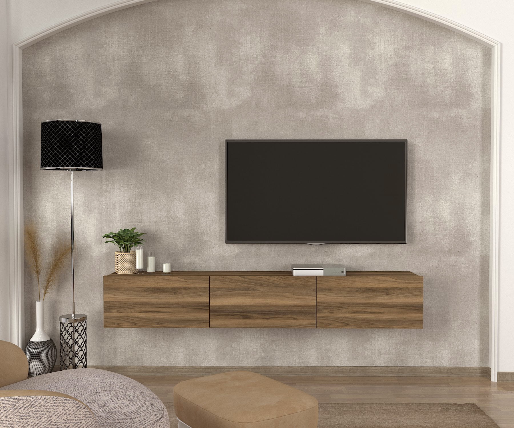 DORPEK, Floating Tv Stand for TVs up to 78", Entertainment Center with 3 Storage Cabinets, Picasso Tv Stand Walnut, Modern Wall Mounted Tv Unit, 1 Package