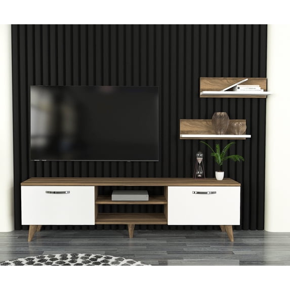 DORPEK, Tv Stand for TVs up to 65", Media Stand with Large Tabletop, Entertainment Center with 2 Storage Cabinet,Entertainment Unit with Plastic Legs, Leiston Tv Sta