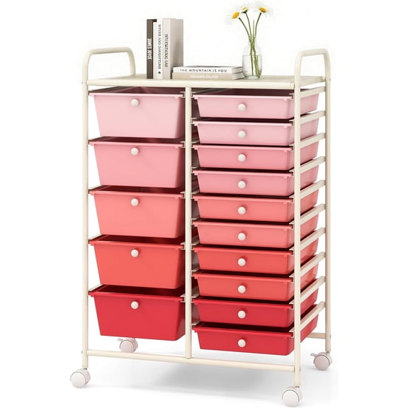 DORTALA 15-Drawer Rolling Storage Cart with Drawers, Rolling Utility Cart w/Removable Drawers & Universal Wheels, Tools Scrapbook Paper Organizer for School, Office, Home, Classroom (Gradient Pink)