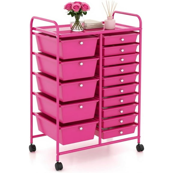 DORTALA 15-Drawer Rolling Storage Cart with Drawers, Rolling Utility Cart w/Removable Drawers & Universal Wheels, Tools Scrapbook Paper Organizer for School, Office, Home, Classroom (Hot Pink)