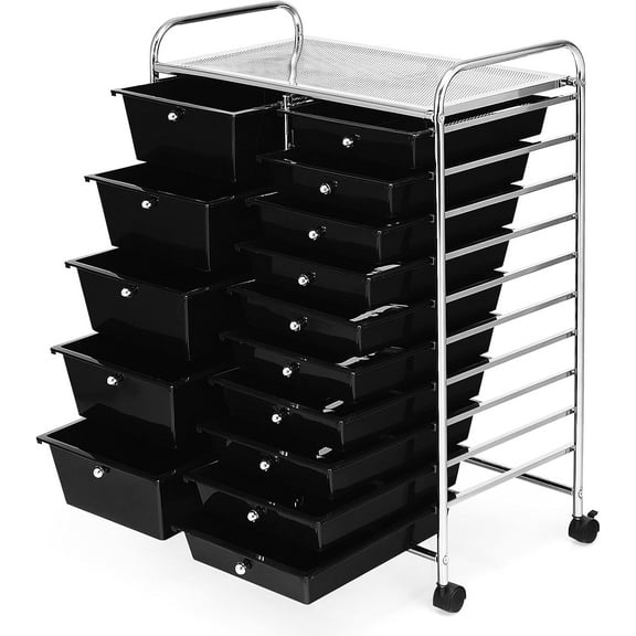DORTALA 15-Drawer Rolling Storage Cart with Drawers, Tools Scrapbook Paper Organizer w/Removable Drawers & Universal Wheels, Rolling Drawer Cart for Supermarket, School, Office, Home (Black)