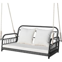 DORTALA 2-Person Porch Swing Outdoor, Patio Wicker Hanging Swing  with Cushions, Metal Frame, Ropes, 880 LBS Capacity, Rattan Swing Loveseat for Garden Poolside Backyard, Mix Grey 