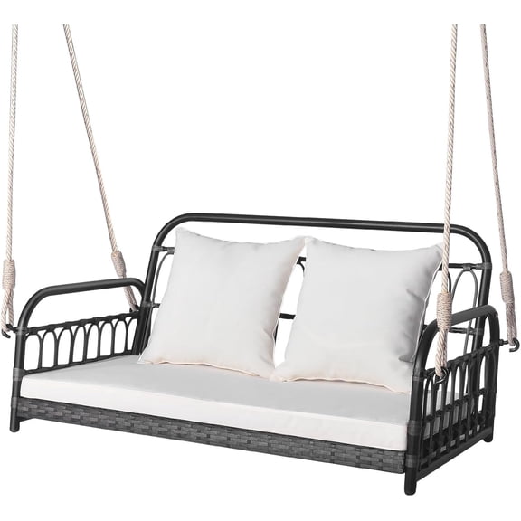 DORTALA 2-Person Porch Swing Outdoor, Patio Wicker Hanging Swing with Cushions, Metal Frame, Ropes, 880 LBS Capacity, Rattan Swing Loveseat for Garden Poolside Backyard, Mix Grey+