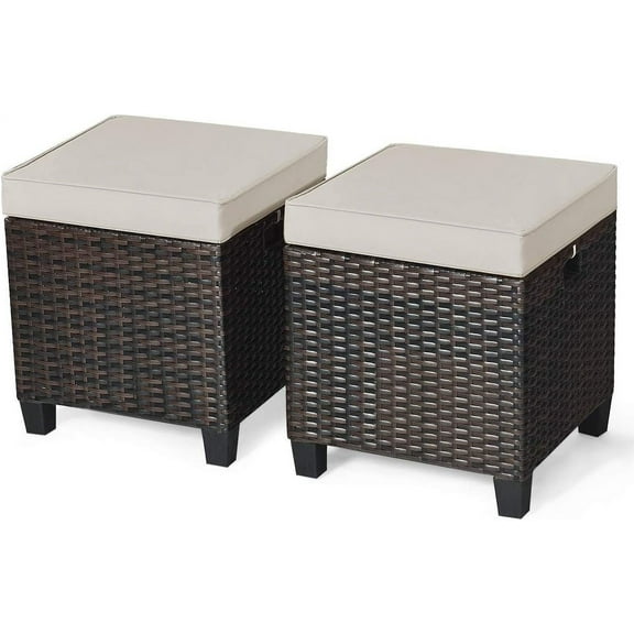 DORTALA 2 Piece Patio Wicker Ottomans, 2 in 1 Outdoor PE Rattan Side Table & Footstool Foot Rest with Cushions for Couch, Chair, Brown