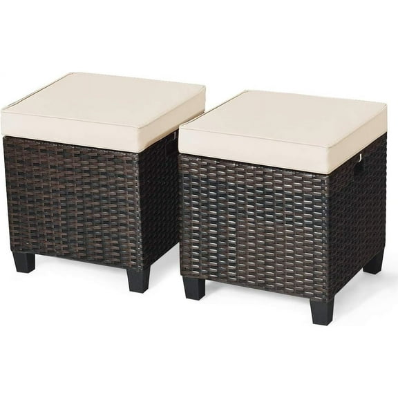 DORTALA 2 Piece Patio Wicker Ottomans, 2 in 1 Outdoor PE Rattan Side Table & Footstool Foot Rest with Cushions for Couch, Chair, White