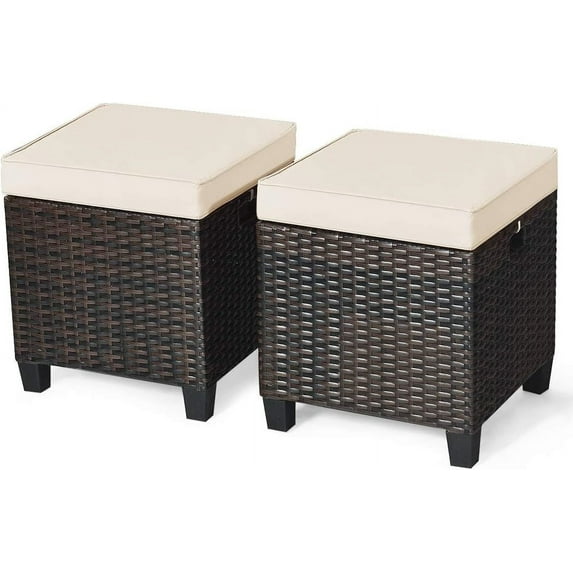 DORTALA 2 Piece Patio Wicker Ottomans, 2 in 1 Outdoor PE Rattan Side Table & Footstool Foot Rest with Cushions for Couch, Chair, White