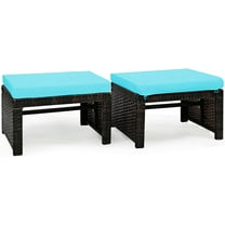 DORTALA 2 Piece Patio Wicker Ottomans, Outdoor Foot Rest with Cushions, PE Rattan Footstool for Patio, Garden, Poolside, Turquoise