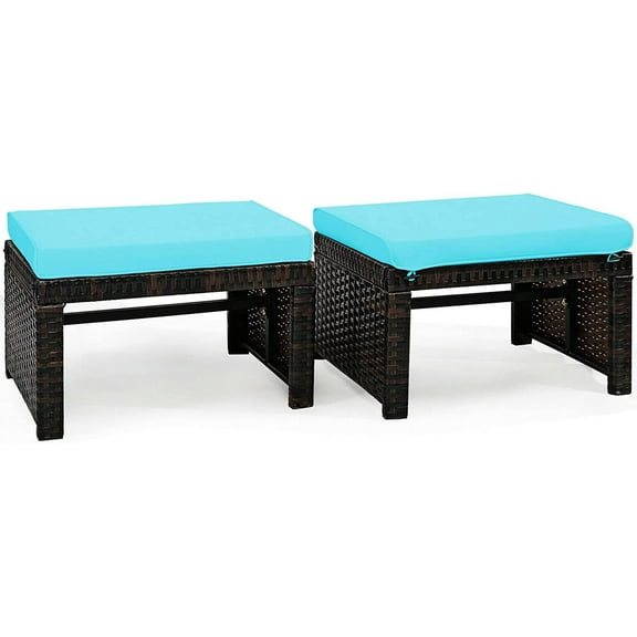 DORTALA 2 Piece Patio Wicker Ottomans, Outdoor Foot Rest with Cushions, PE Rattan Footstool for Patio, Garden, Poolside, Turquoise