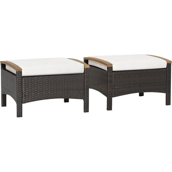 DORTALA 2 Piece Patio Wicker Ottomans, Square Ottoman Foot Rest with Cushions, Outdoor Rattan Footstool for Couch, Chair, White