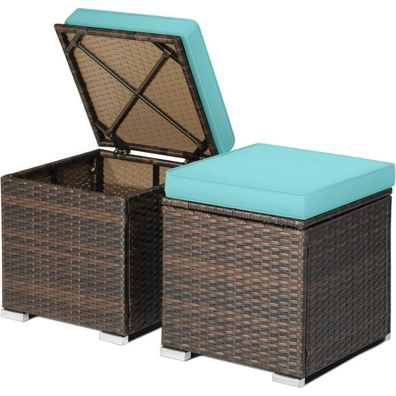 DORTALA 2 Pieces Patio Wicker Ottomans, Outdoor PE Rattan Side Table with Storage Cabinet, Cushions, Foot Rest for Couch, Chair