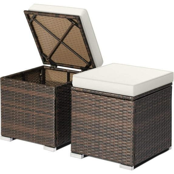 DORTALA 2 Pieces Patio Wicker Ottomans, Outdoor PE Rattan Side Table with Storage Cabinet, Cushions, Foot Rest for Couch, Chair, White