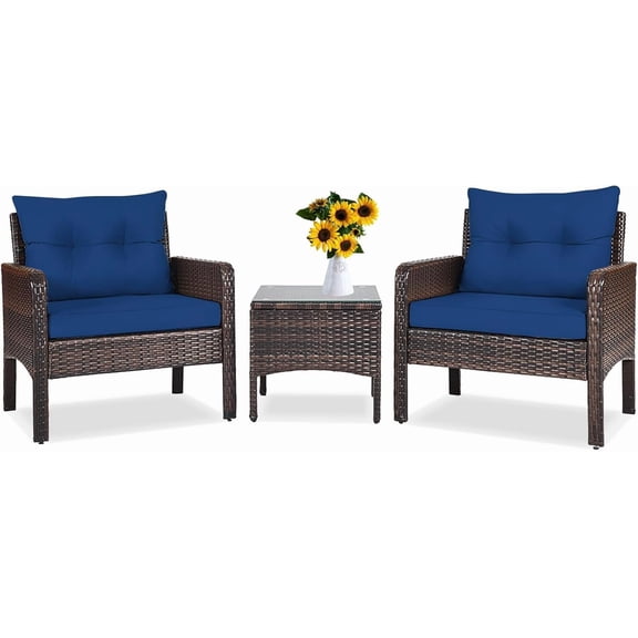 DORTALA 3 Piece Patio Furniture Set, Outdoor Rattan Wicker Conversation Set with Cushions, Glass Top Coffee Table for Garden Balcony Poolside, Navy