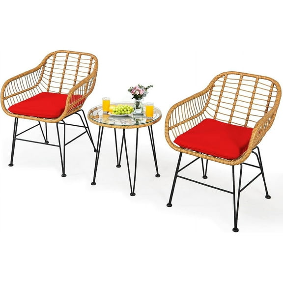 DORTALA 3 Pieces Patio Conversation Set, Rattan Leisure Chairs & Round Glass Tea Table Set, Indoor Outdoor Wicker Bistro Furniture Set with Cushions for Balcony, Poolside, Red