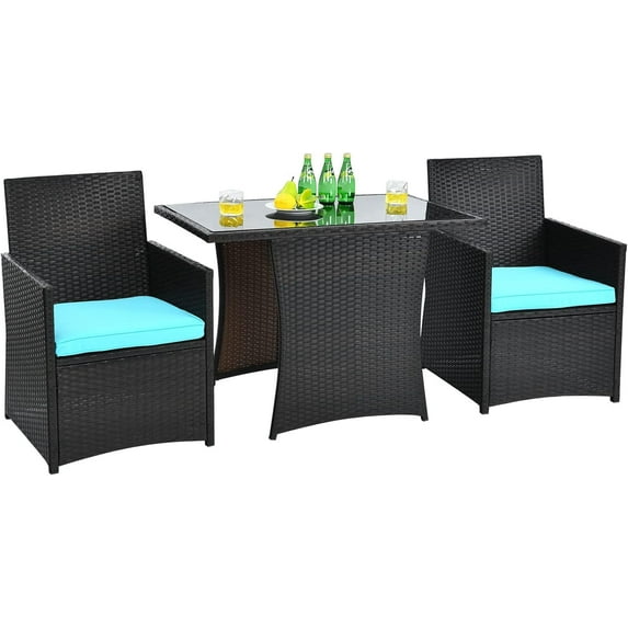 DORTALA 3 Pieces Patio Dining Set, Outdoor Rattan Bistro Set with Cushions, Tempered Glass Tabletop, Wicker Conversation Set for Garden Backyard Poolside Porch, Turquoise