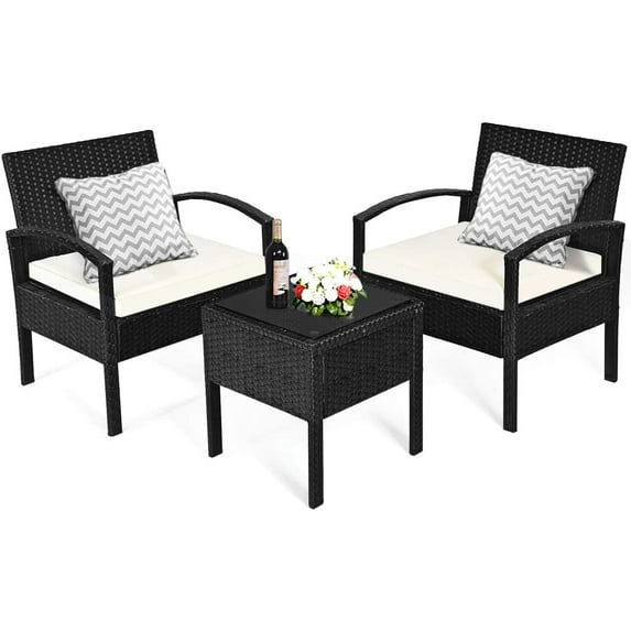 DORTALA 3 Pieces Patio Furniture Set, Outdoor Rattan Conversation Set with Cushions & Coffee Table, Wicker Furniture Set for Garden Balcony Backyard Poolside, Beige