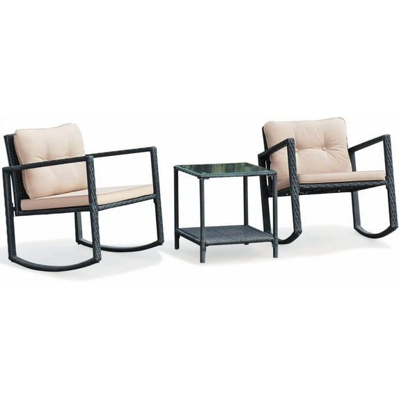 DORTALA 3 Pieces Patio Furniture Set, Rattan Rocking Chair and Glass Coffee Table with Cushions, Outdoor Wicker Conversation Bistro Set of 3 for Backyard Poolside, Beige