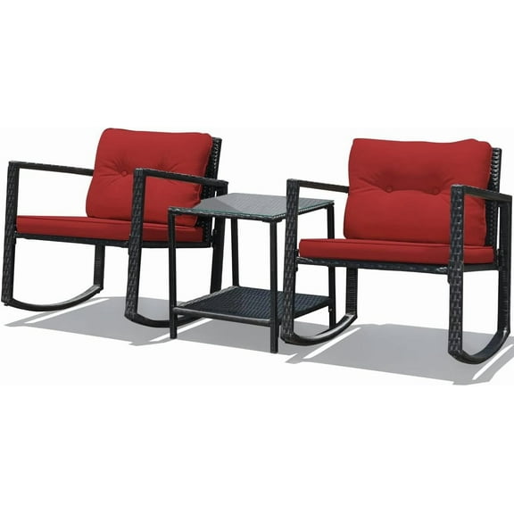 DORTALA 3 Pieces Patio Furniture Set, Rattan Rocking Chair and Glass Coffee Table with Cushions, Outdoor Wicker Conversation Bistro Set of 3 for Backyard Poolside, Red