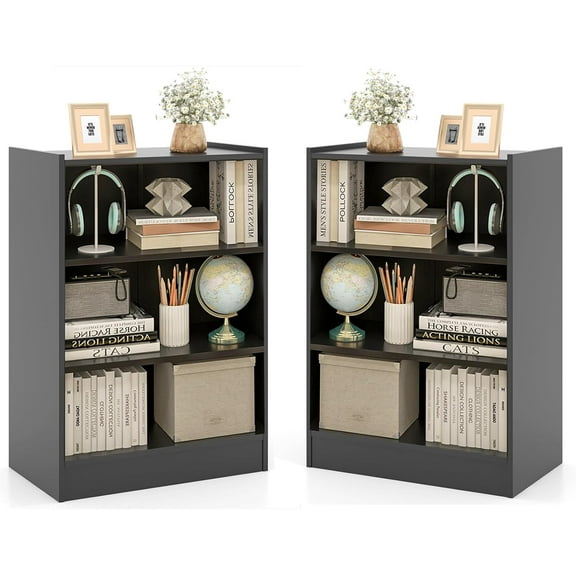 DORTALA 3 Tier Bookcase Set of 2, Freestanding Versatile Bookcase with Adequate Storage & Adjustable Shelves, Display Storage Home Organizer for Living Room Study, Black