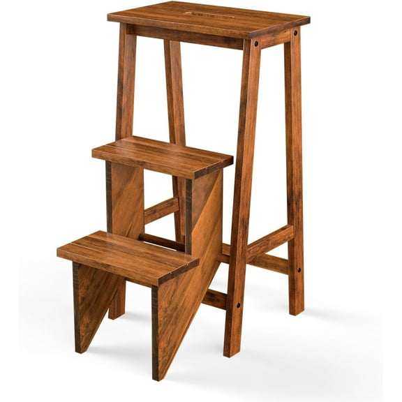 DORTALA 3 Tier Folding Step Stool, Rubber Wood Multifunctional Ladder Chair Bench, Portable Utility Seat, Flower Rack, 200 Lbs Capacity, Ideal for Library, Home (Brown)