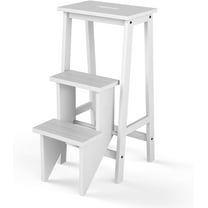DORTALA 3 Tier Folding Step Stool, Rubber Wood Multifunctional Ladder Chair Bench, Portable Utility Seat, Flower Rack, 200 Lbs Capacity, Ideal for Library, Home (White)