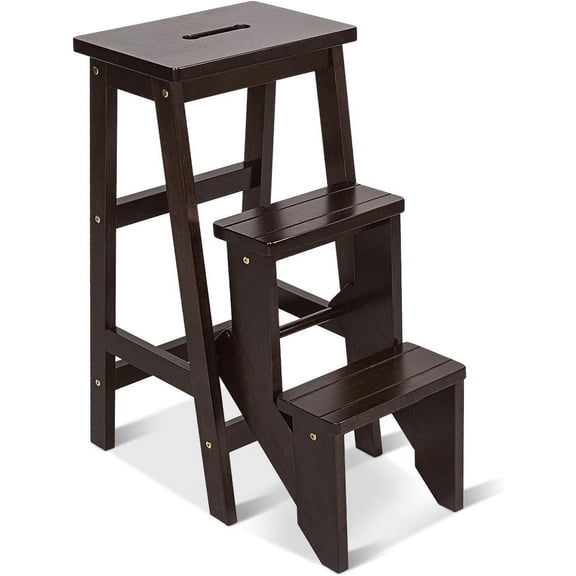 DORTALA 3 Tier Folding Step Stool, Rubber Wood Multifunctional Ladder Chair , Portable Utility Seat, Flower Rack, 353 Lbs Capacity, Ideal for Library, Home (Coffee)