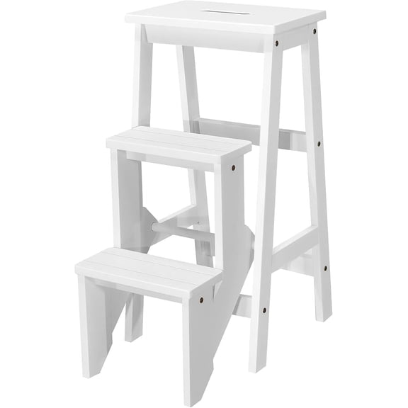 DORTALA 3 Tier Folding Step Stool, Rubber Wood Multifunctional Ladder Chair , Portable Utility Seat, Flower Rack, 353 Lbs Capacity, Ideal for Library, Home (White)