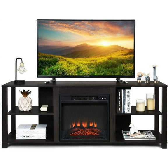 DORTALA 3-Tier TV Stand with Storage and Open Shelves for 65 Inch TV, Multipurpose Entertainment Center with Room for 18" x 17" Electric Fireplace (Not Included)
