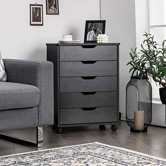 DORTALA 5 Drawer Chest File Cabinet with Wheels, Versatile Mobile Under Desk Office Storage Cabinet, Wood Filing Cabinet for Home Office, Black