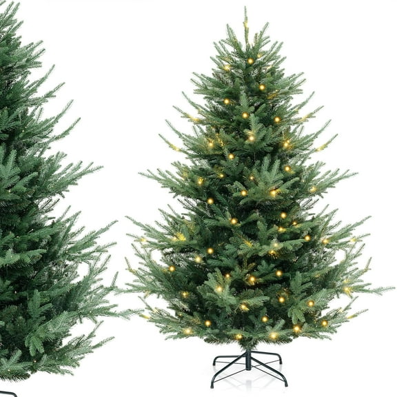 DORTALA 6FT Prelit Christmas Tree Green, Hinged Artificial Xmas Tree with 240 Warm White LED Lights, 8 Lighting Modes, 778 PE & PVC Mixed Branch Tips, for Home Office Party