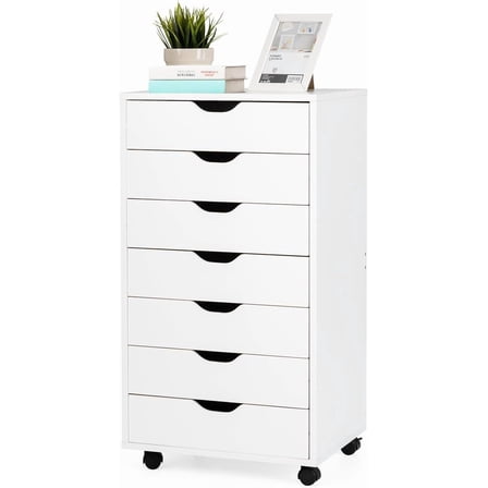 DORTALA 7 Drawer Chest File Cabinet with Wheels, Versatile Mobile Under Desk Office Storage Cabinet, Wood Filing Cabinet for Home Office