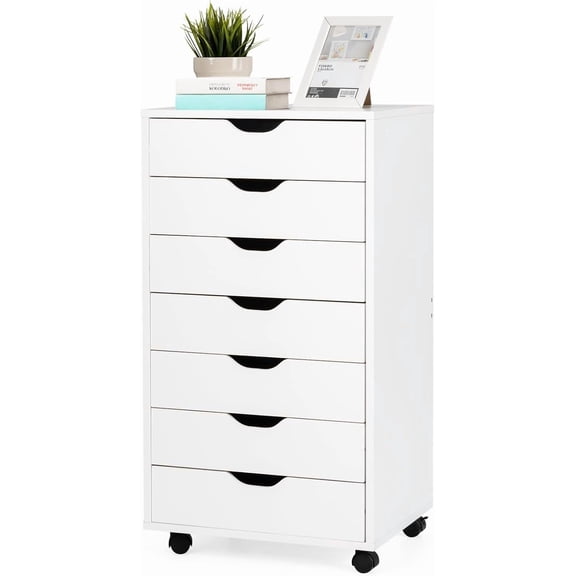 DORTALA 7 Drawer Chest File Cabinet with Wheels, Versatile Mobile Under Desk Office Storage Cabinet, Wood Filing Cabinet for Home Office