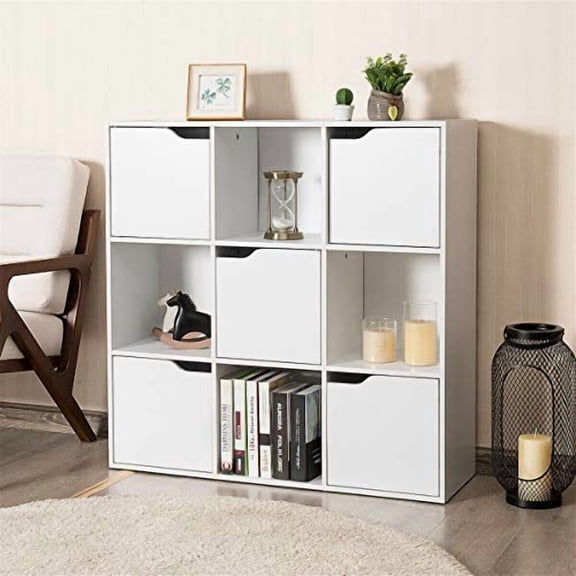 DORTALA 9-Cube Storage Organizer Cabinet w/Doors, Compartment Display Unit w/ 4 Open Cubes & 5 Cabinets for Home Office, 3-Tier Bookshelf for Books, Toys & Decorations, 9 Cubes
