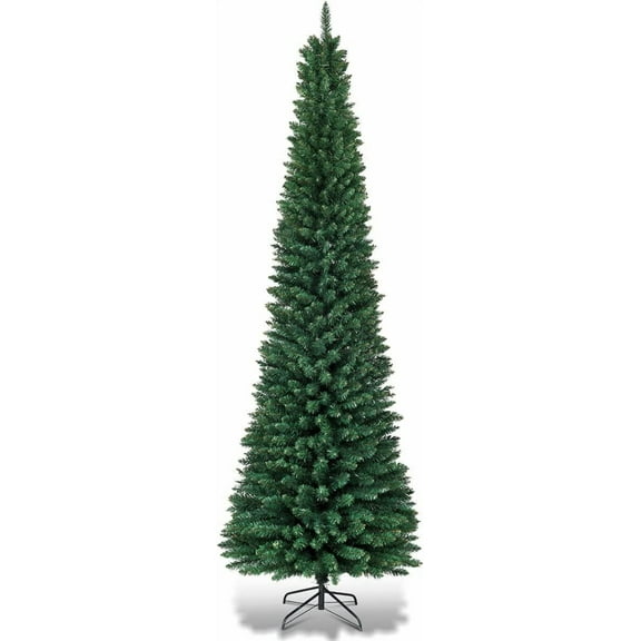DORTALA 9 FT Pencil Christmas Tree, Unlit Artificial Slim Xmas Tree with 1500 Branch Tips, Metal Stand, Skinny Christmas Tree for Home, Office, Shop, Green