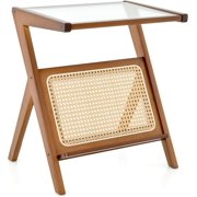 DORTALA Bamboo Side Table, Nightstand with Tempered Glass Top, Magazine Rack, Small Coffee Bedside Table for Living Room, Bedroom, Walnut