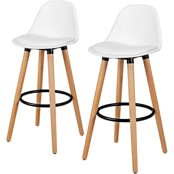 DORTALA Bar Stools Set of 2, Modern Armless Kitchen Island Stool w/Soft PU Leather Seat, Beech Wood Counter Height Chair w/Round Metal Footrest & Curved Backrest for Bistro, Dining Hall (White)
