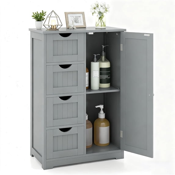 DORTALA Bathroom Floor Cabinet, Side Storage Organizer Cabinet w/ 1 Cupboard and 4 Drawers, Wooden Free Standing Storage Cabinet w/Adjustable Shelf in 3 Positions for Living Room, Bathroom, Grey