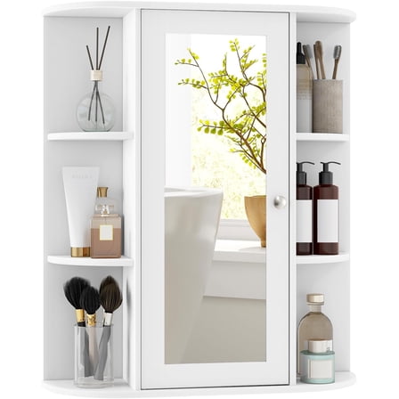 DORTALA Bathroom Medicine Cabinet, Single Door Wall Mounted Medicine Cabinet with Mirror and Shelves, White