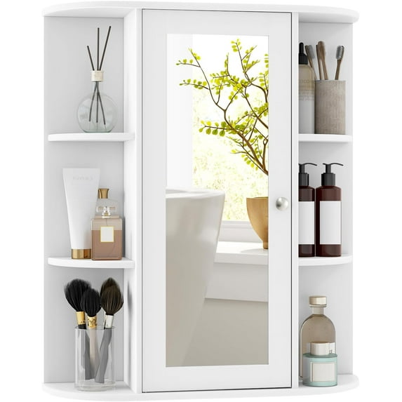 DORTALA Bathroom Medicine Cabinet, Single Door Wall Mounted Medicine Cabinet with Mirror and Shelves, White
