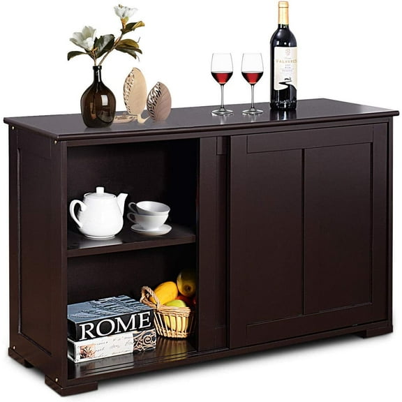 DORTALA Buffet Sideboard Cabinet, Wood Kitchen Storage Cabinet w/Sliding Door and Shelf, Entryway Storage Cabinet Pantry for Dining Room, Living Room, Kitchen, Hallway, Brown