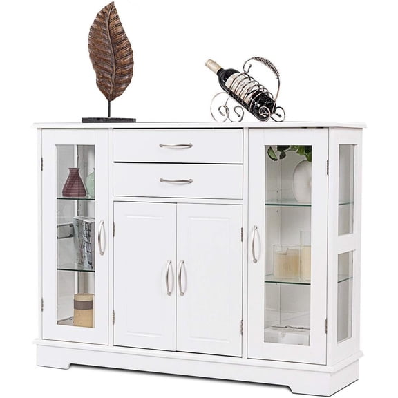 DORTALA Buffet Sideboard, Kitchen Server Cabinet w/ 2 Drawers, Glass Display Cabinet w/Adjustable Glass Shelves, Multifunctional Sideboard Console Table for Kitchen, Living Room, Dining Room, White