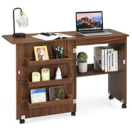 DORTALA Folding Sewing Table, Wood Sewing Craft Table with Open Storage Shelves and Lockable Casters, Space-Saving Craft Table Cart for Living Room, 46"x16"x31'', Brown