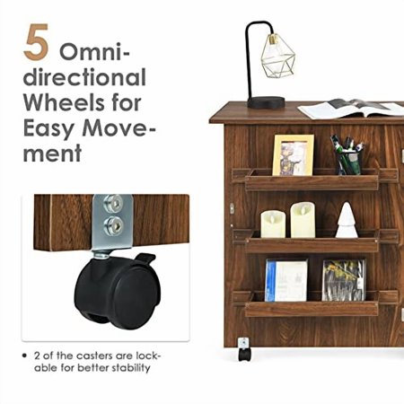 DORTALA Folding Sewing Table, Wood Sewing Craft Table with Open Storage Shelves and Lockable Casters, Space-Saving Craft Table Cart for Living Room, 46"x16"x31'',